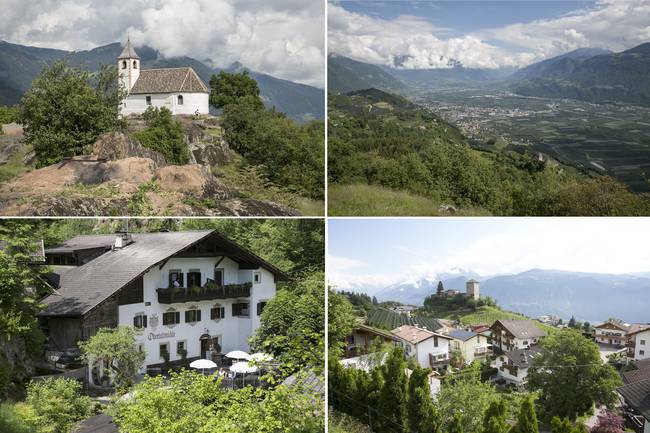 Wanderung vom CP über die Jausenstation Obertalmühle zur St. Hippolyth Kapelle mit Blick auf Lana und Meran (rechts liegt der CP von der Kapelle aus gesehen.