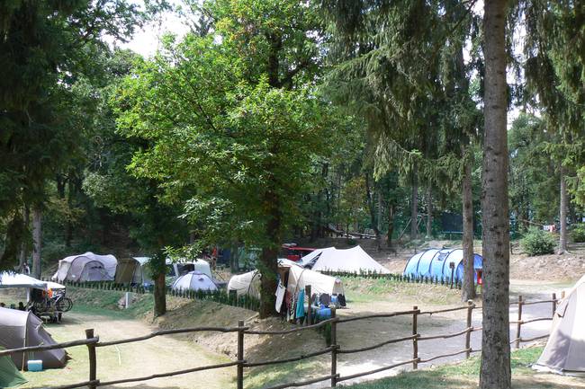 overview of part of the campsite (43, 44) with the playground at the back.