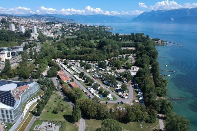 View of the camping, the beach and the Olympic Museum