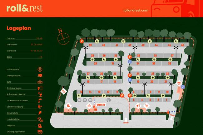 Lageplan des Campingplatzes mit Stellplätzen und zentraler Infrastruktur